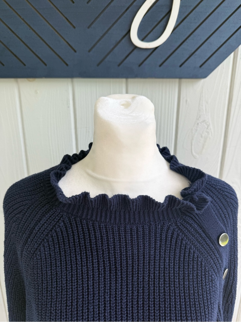 LOFT Navy Ribbed Crew Sweater with Ruffle Neck & Button Detail - Picture 4 of 5